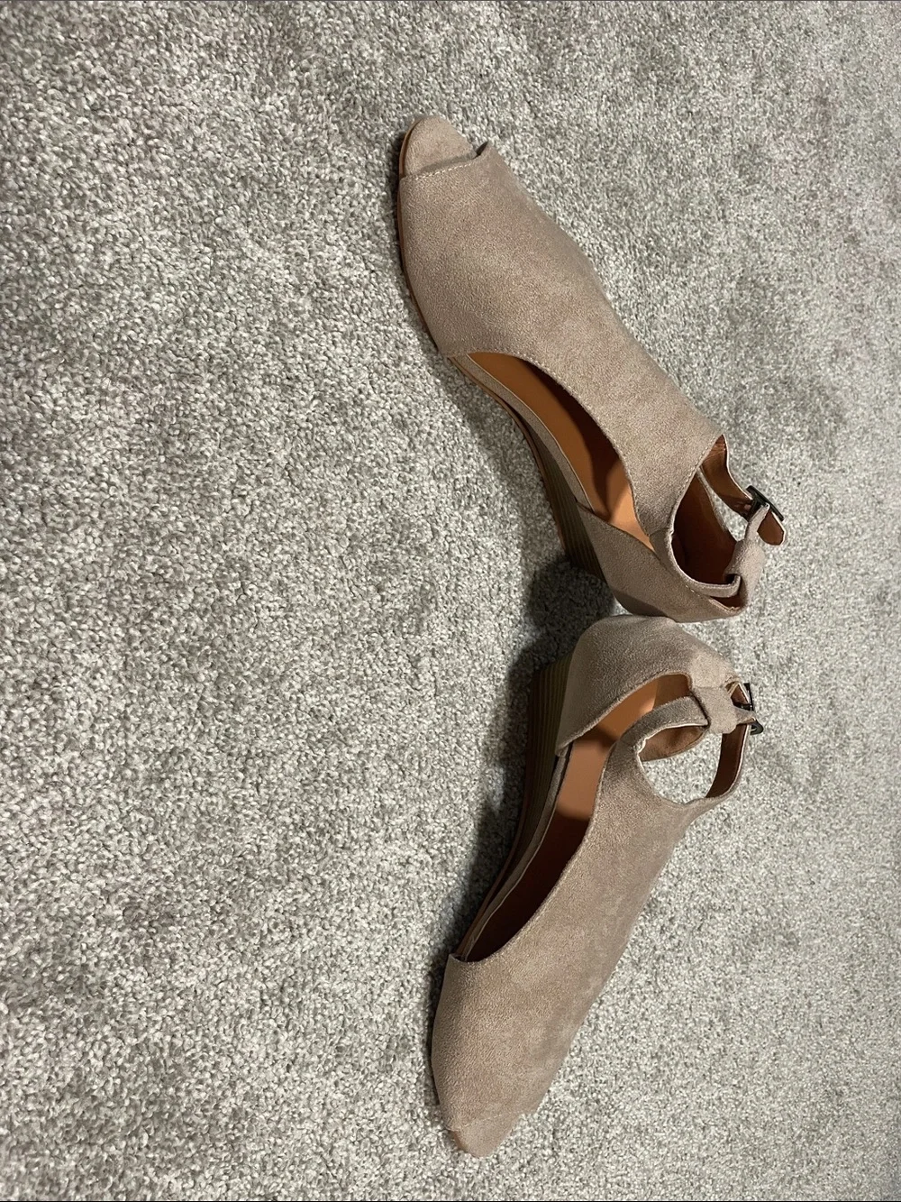 Amazon Taupe Suede Open-Toe Wedge Sandals